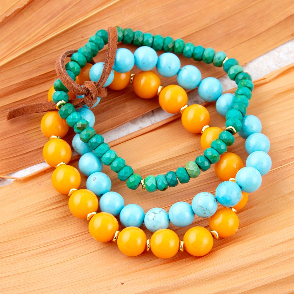 Apricot Blue Teals Triple Golden Bracelet Set