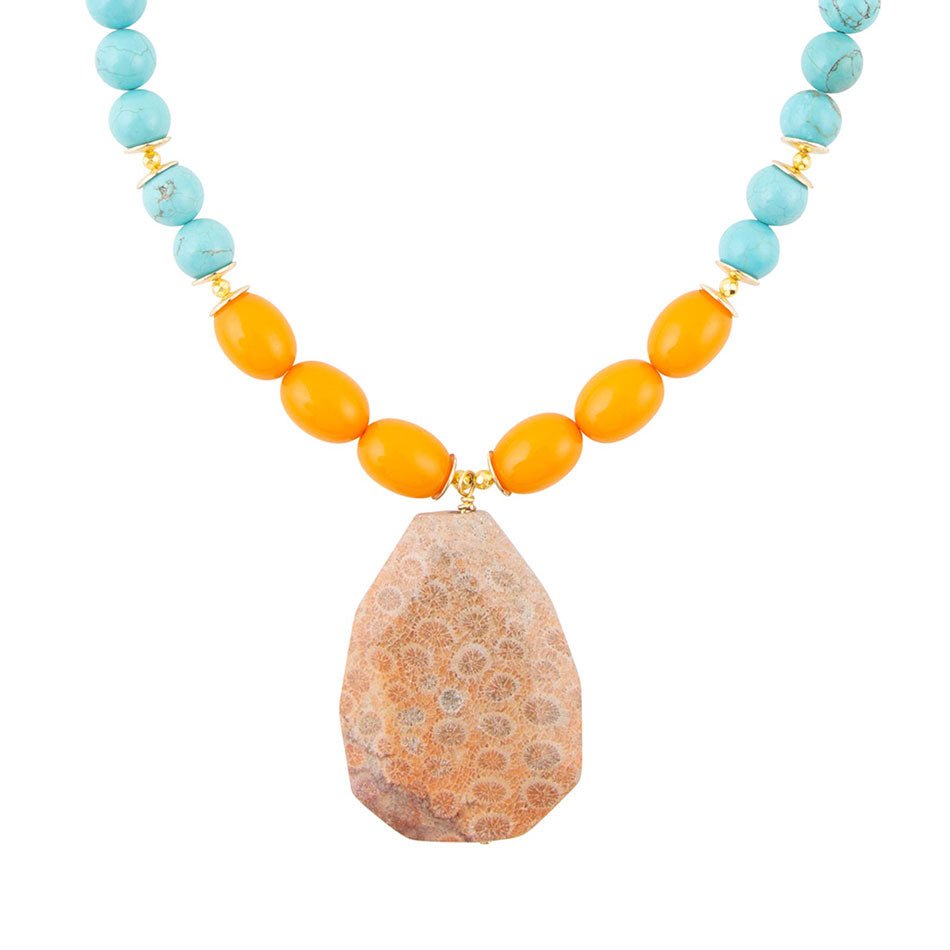 Apricot Fossil Blue Magnesite Golden Pendant Necklace