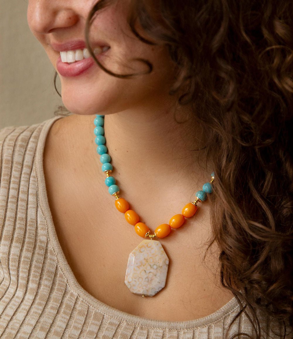 Apricot Fossil Blue Magnesite Golden Pendant Necklace