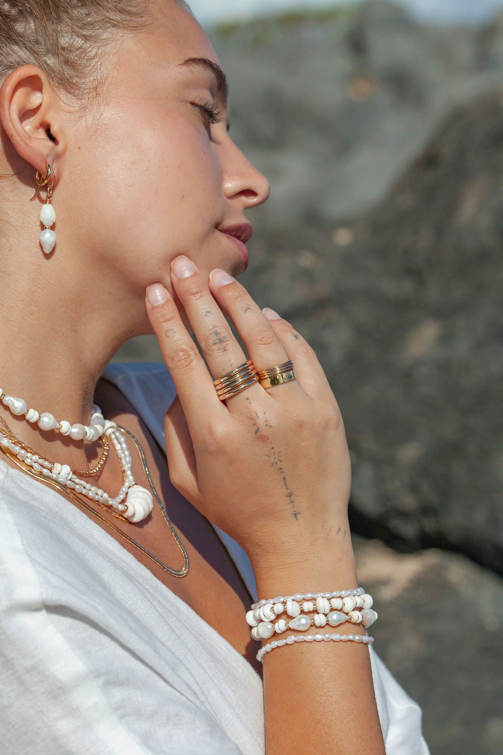 Gold Asymmetrical Pikake & Pearl Earrings - Huali