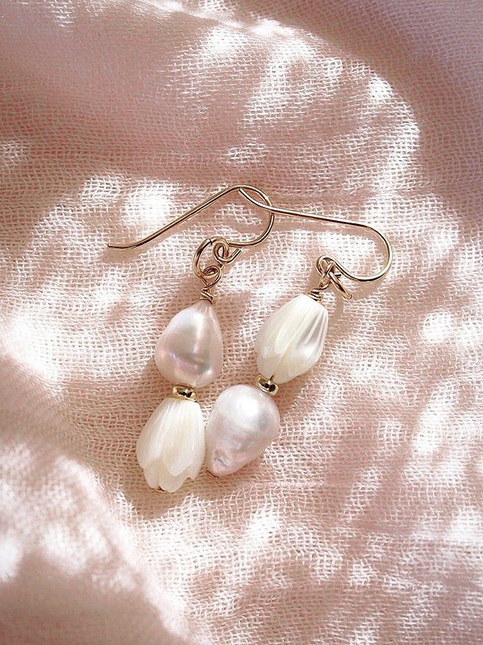 Gold Asymmetrical Pikake & Pearl Earrings - Huali