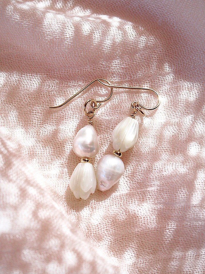 Gold Asymmetrical Pikake & Pearl Earrings - Huali