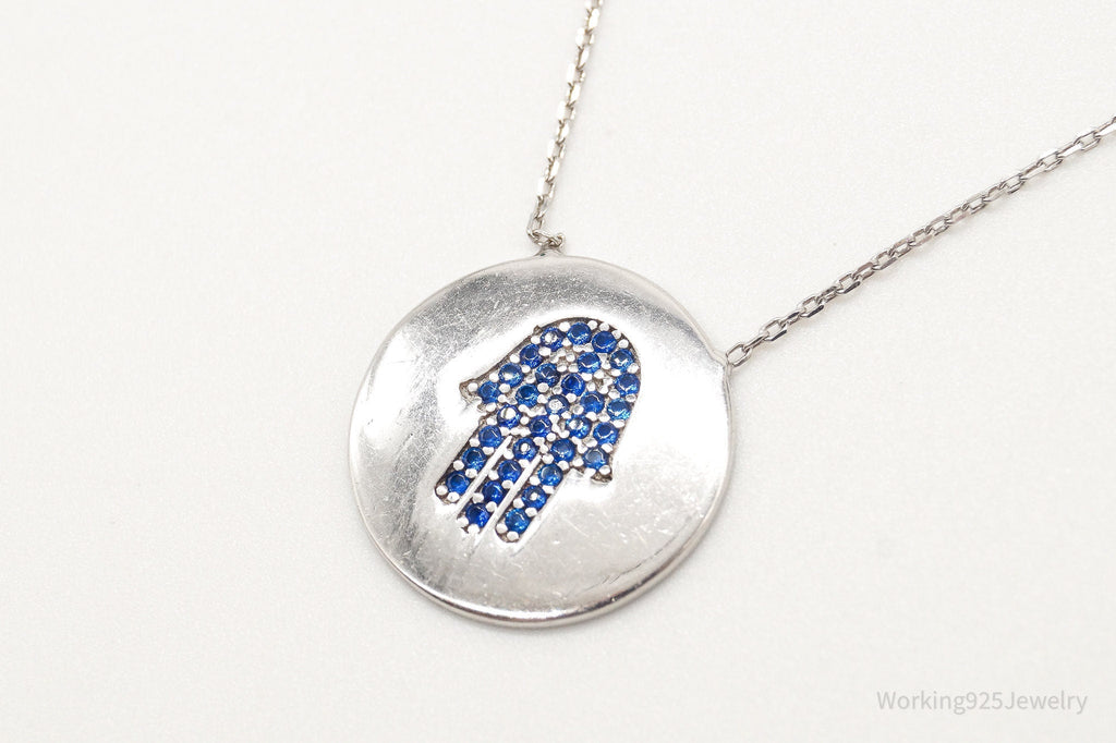 Vintage Blue Cubic Zirconia Hamsa Hand Sterling Silver Necklace