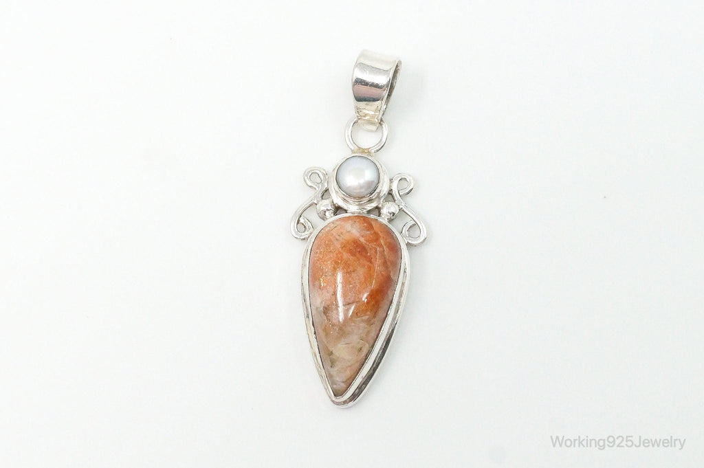 Large Vintage Sunstone Pearl Sterling Silver Pendant