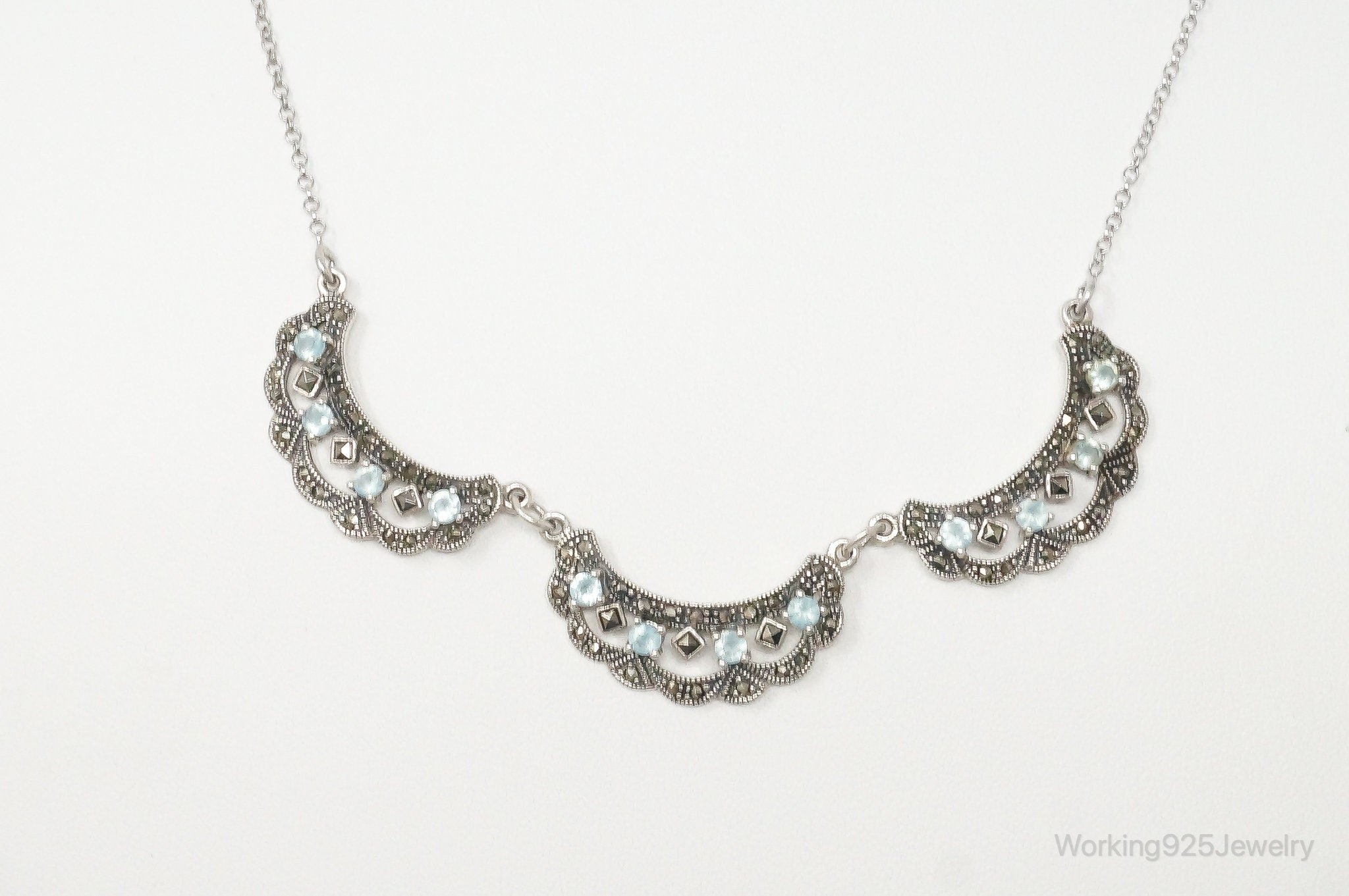 Vintage Art Deco Blue Topaz Marcasite Sterling Silver Necklace