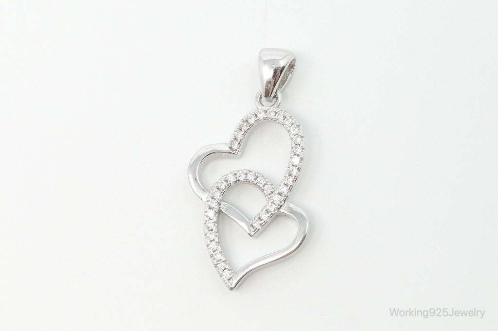 Vintage Open Hearts Cubic Zirconia Accented Sterling Silver Necklace Pendant
