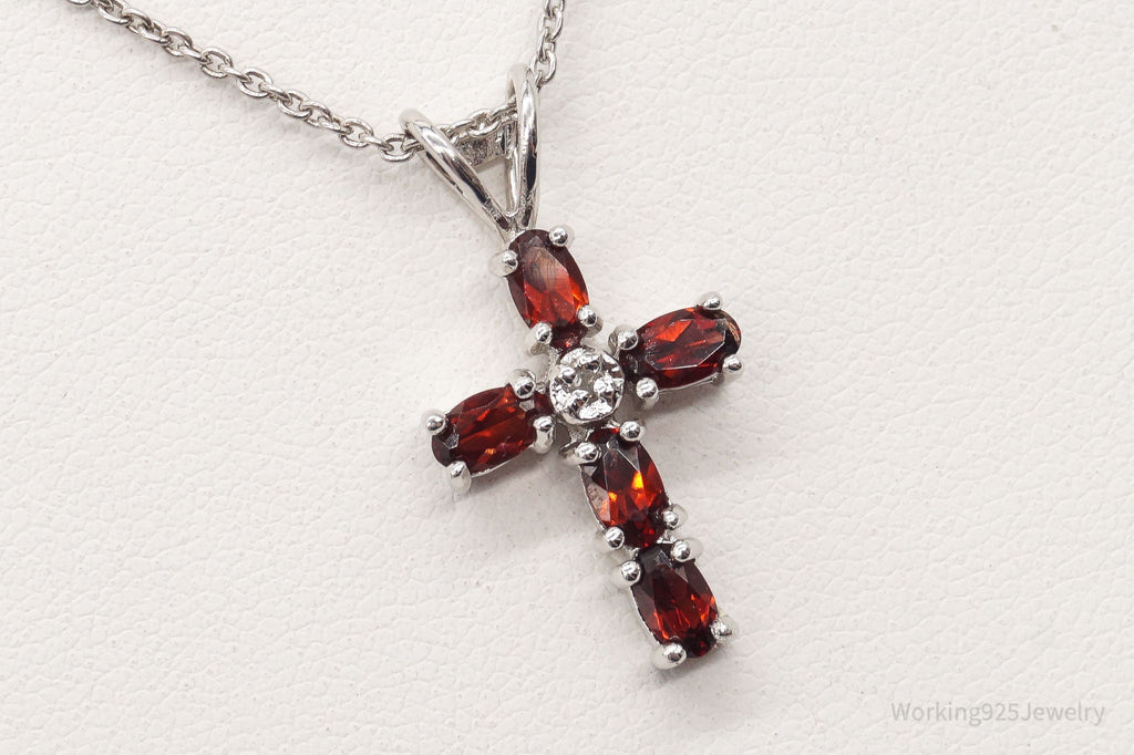 Vintage Garnet Diamond Cross Sterling Silver Necklace
