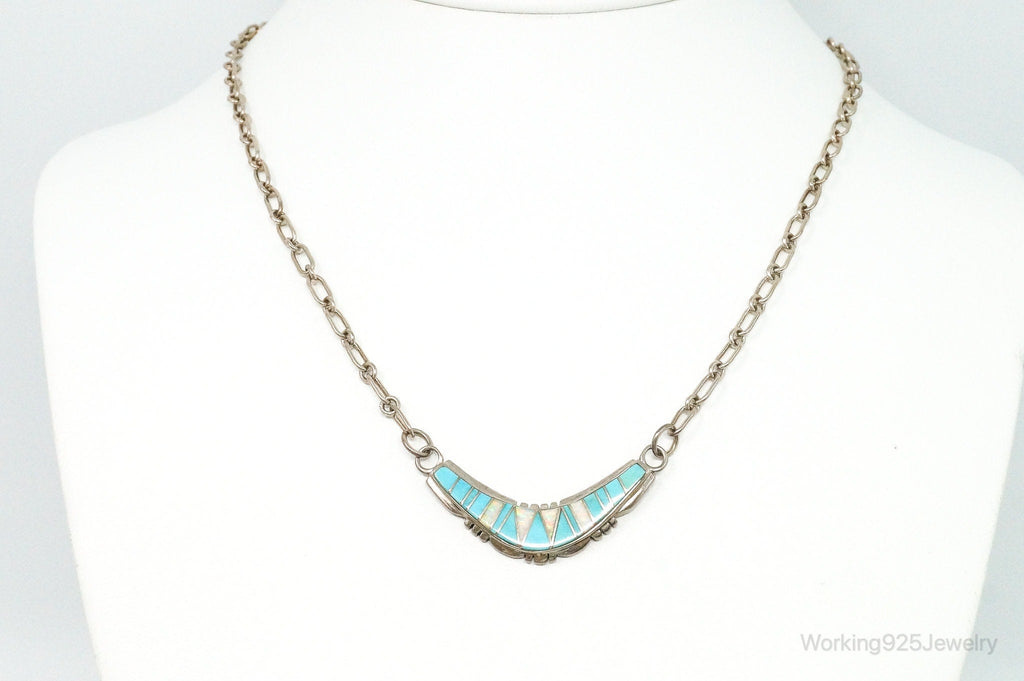 Vintage Native American Turquoise Opal Inlay Sterling Silver Necklace