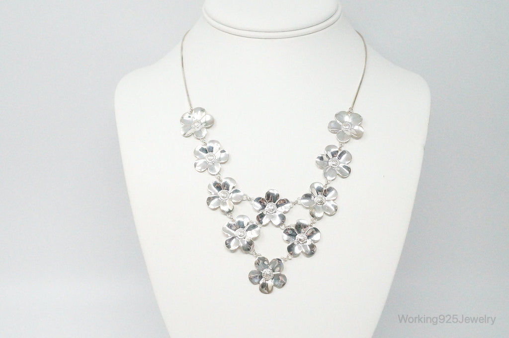 Vintage Italian Designer Paola Valentini Flowers Bib Sterling Silver Necklace