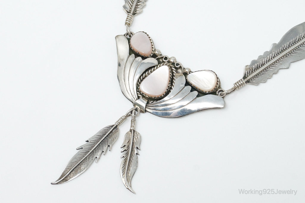 Vintage Native America Pink Mother Of Pearl Sterling Silver Necklace