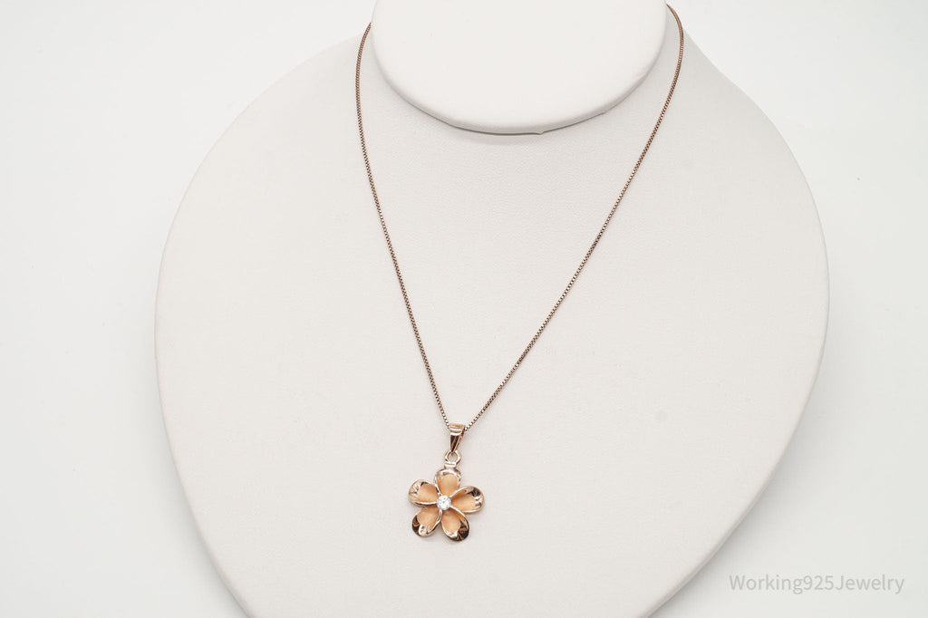 Vintage Cubic Zirconia Rose Gold Vermeil Sterling Silver Flower Necklace
