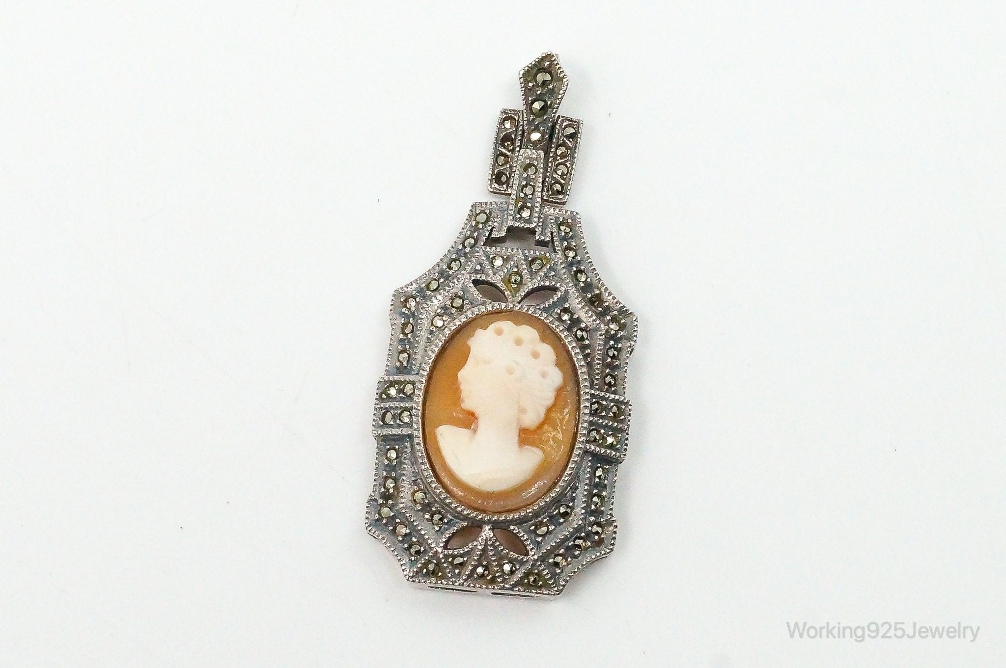 Vintage Judith Jack Carved Shell Lady Cameo Marcasite Sterling Silver Pendant