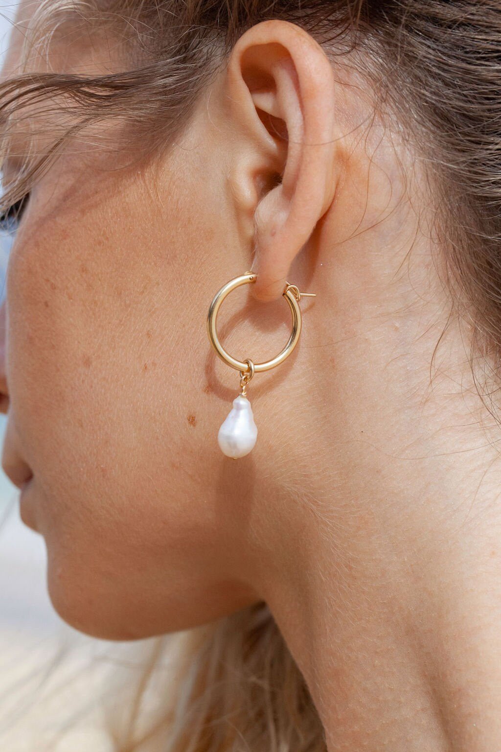 Gold Baroque Pearl Latch Hoop Earrings - Kēhau