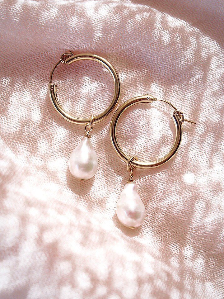 Gold Baroque Pearl Latch Hoop Earrings - Kēhau