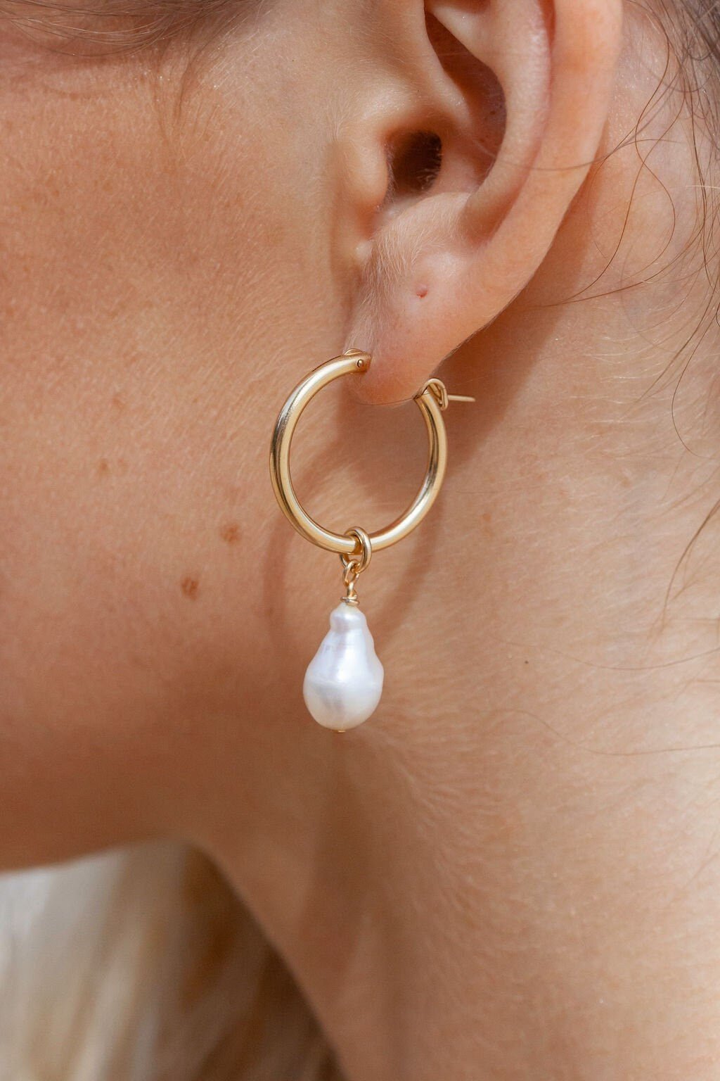 Gold Baroque Pearl Latch Hoop Earrings - Kēhau