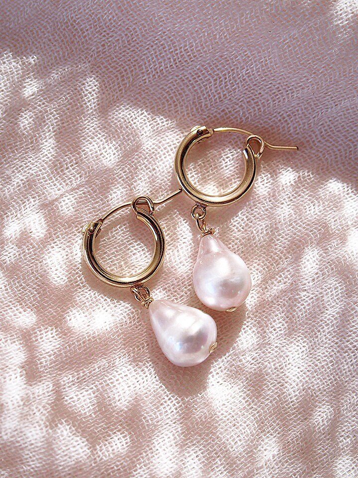 Gold Baroque Pearl Latch Hoop Earrings - Kēhau