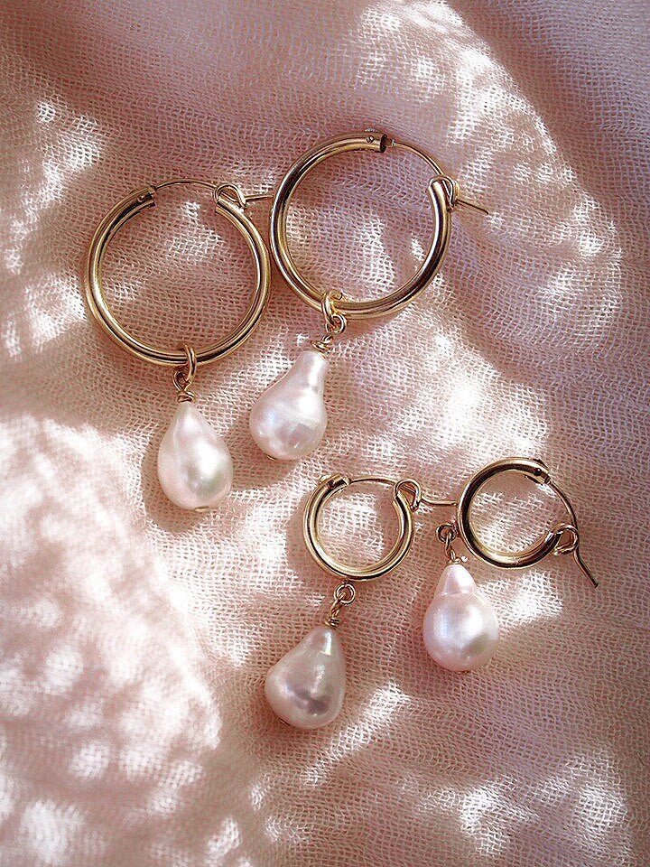 Gold Baroque Pearl Latch Hoop Earrings - Kēhau