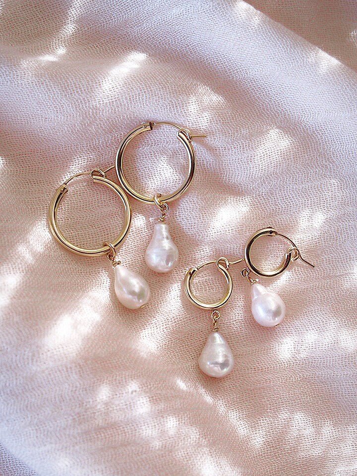 Gold Baroque Pearl Latch Hoop Earrings - Kēhau