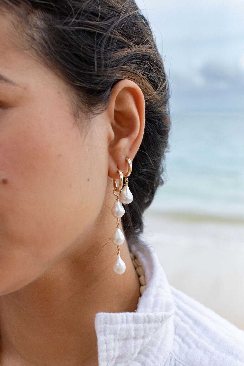 Gold Baroque Pearl Latch Hoop Earrings - Kēhau
