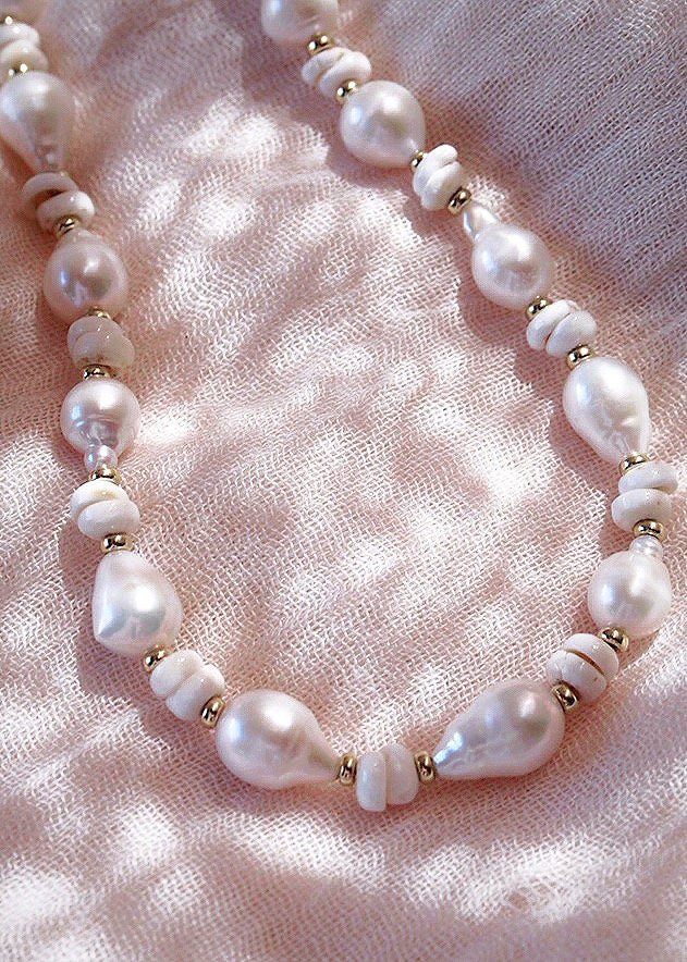 Gold Baroque Pearl Puka Shell Necklace - Kakahi