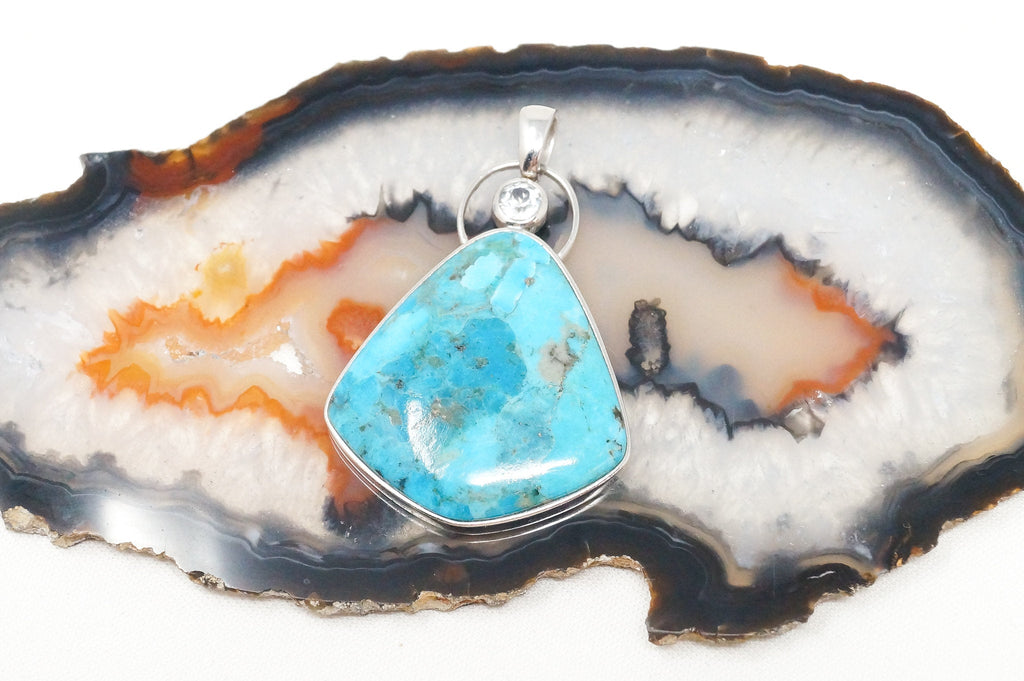 Vintage Southwest Style Mosaic Turquoise Cz Sterling Silver Necklace Pendant