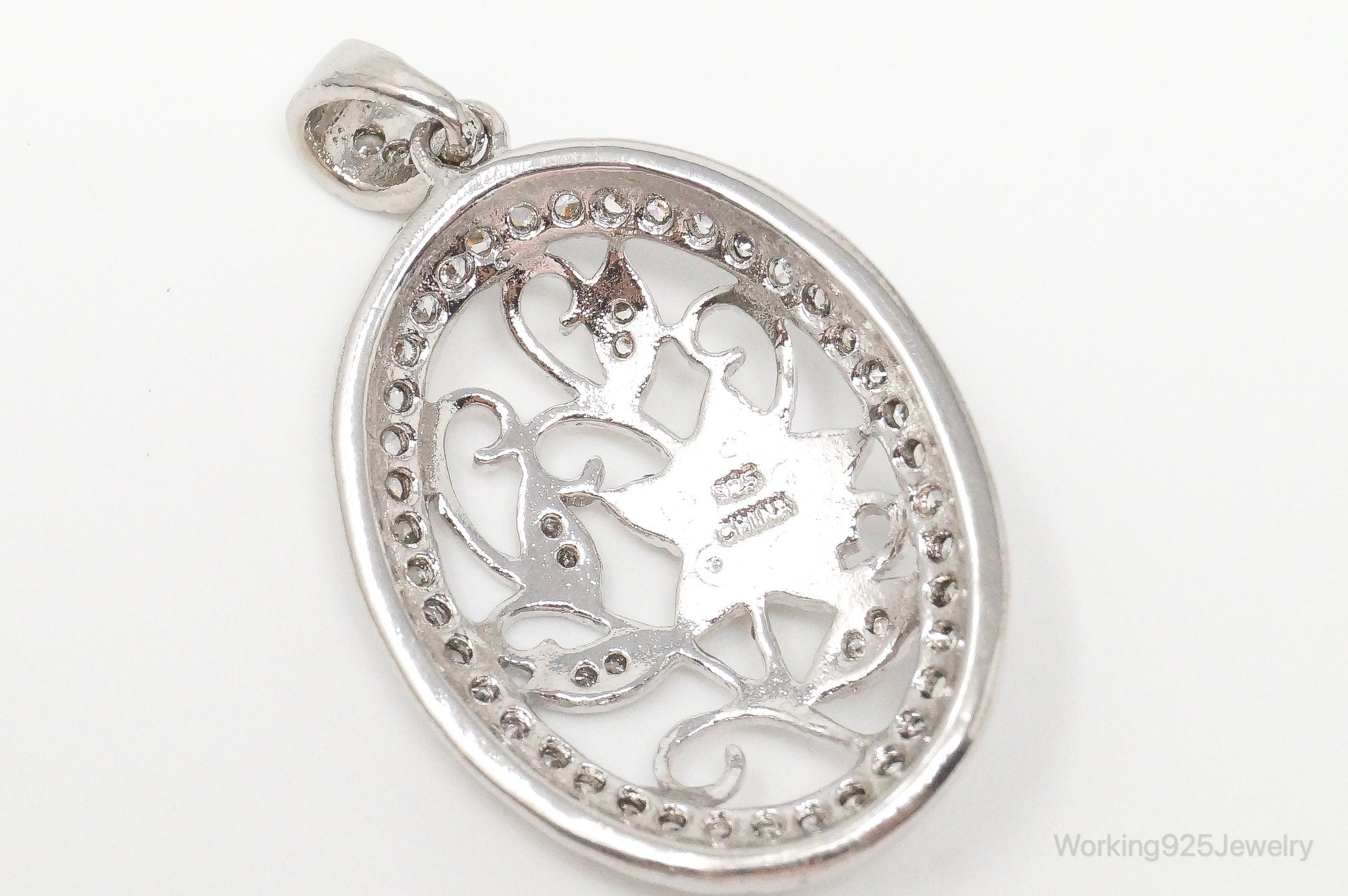 Large Vintage Faux Pearl Cubic Zirconia Sterling Silver Pendant