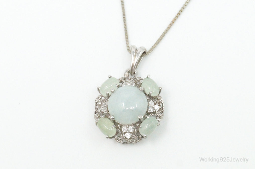 Vintage Jade Prehnite Cubic Zirconia Sterling Silver Necklace