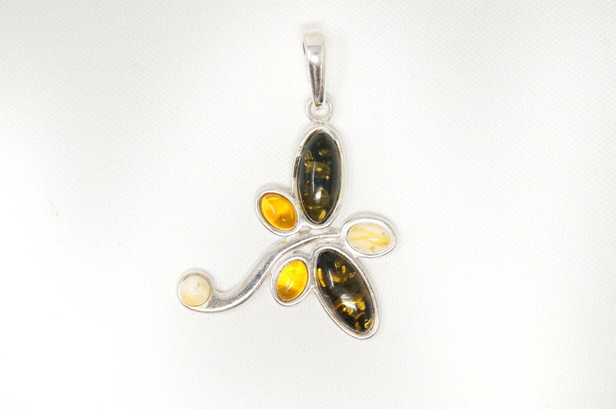 Vintage Multi Type Amber Dragonfly Sterling Silver Necklace Pendant