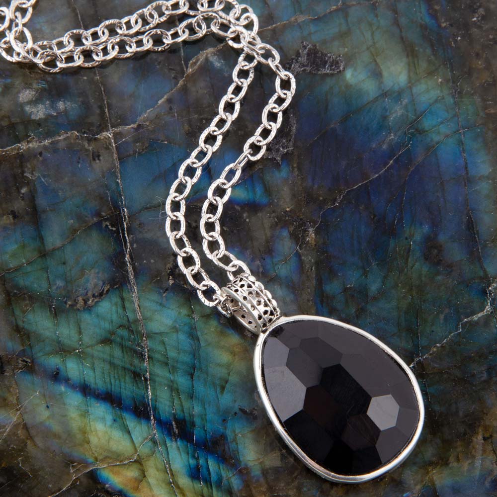 Black Onyx and Sterling Silver Teardrop Pendant Necklace