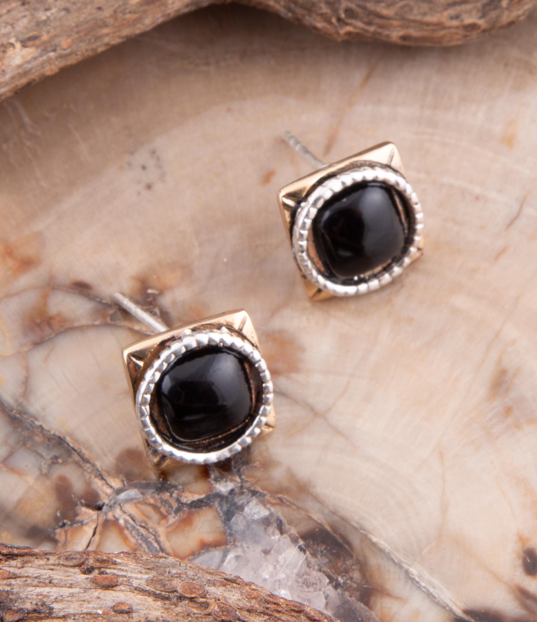 Black Onyx Mixed Metal Post Earrings