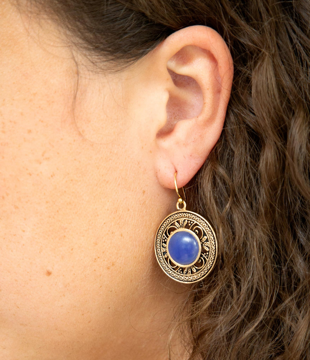 Blue Agate and Golden Detail Drop Earrings