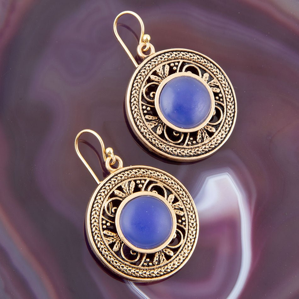 Blue Agate and Golden Detail Drop Earrings