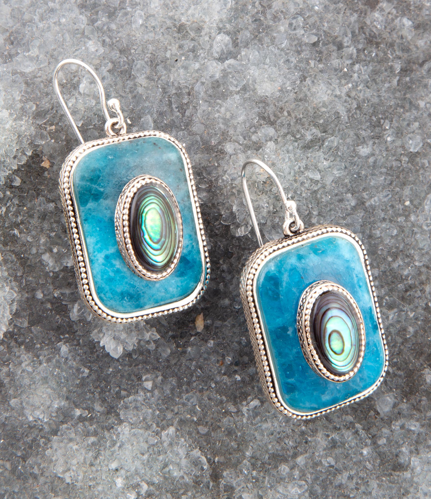 Blue Apatite and Abalone Stacked Sterling Silver Earrings