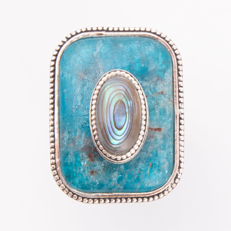 Blue Apatite and Abalone Stacked Sterling Silver Ring