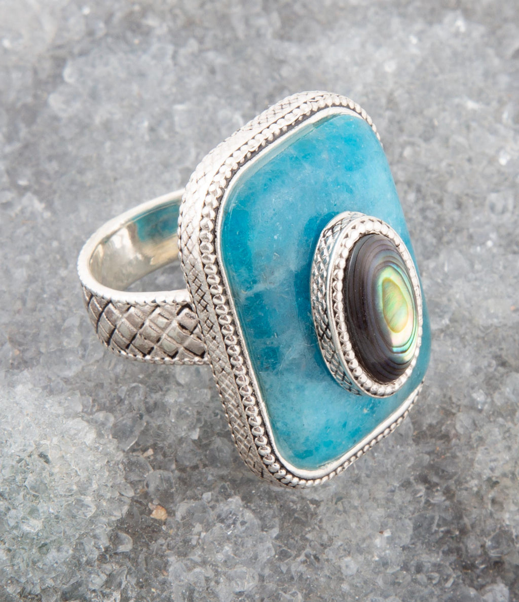 Blue Apatite and Abalone Stacked Sterling Silver Ring
