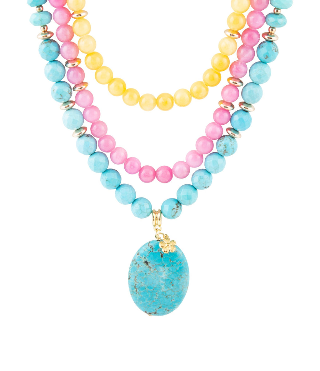 St. Augustine Pink Agate and Blue Turquoise Golden Pendant Necklace