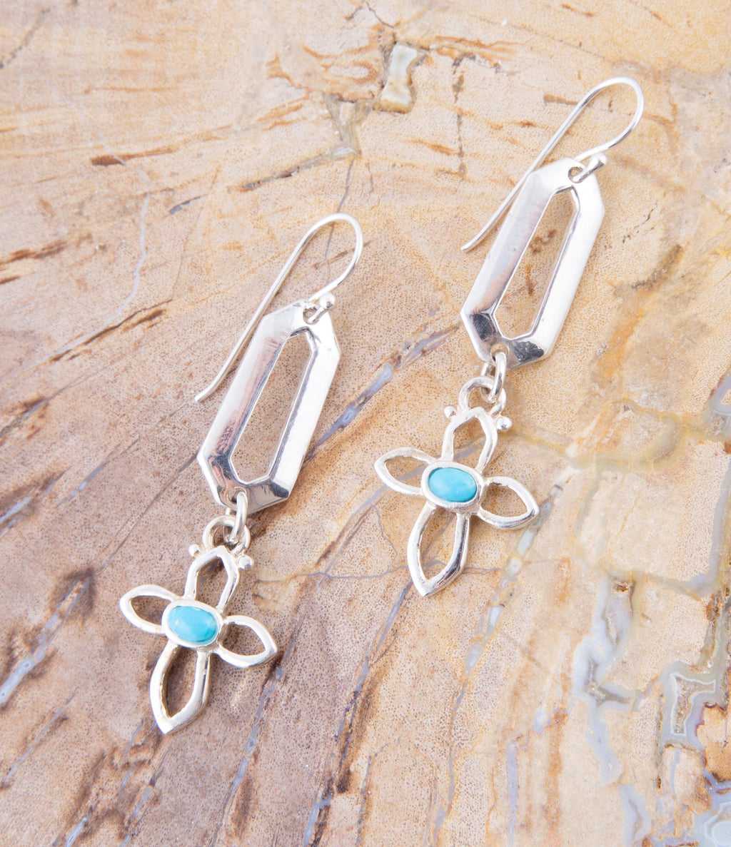 Blue Turquoise and Sterling Silver Cross Drop Earrings