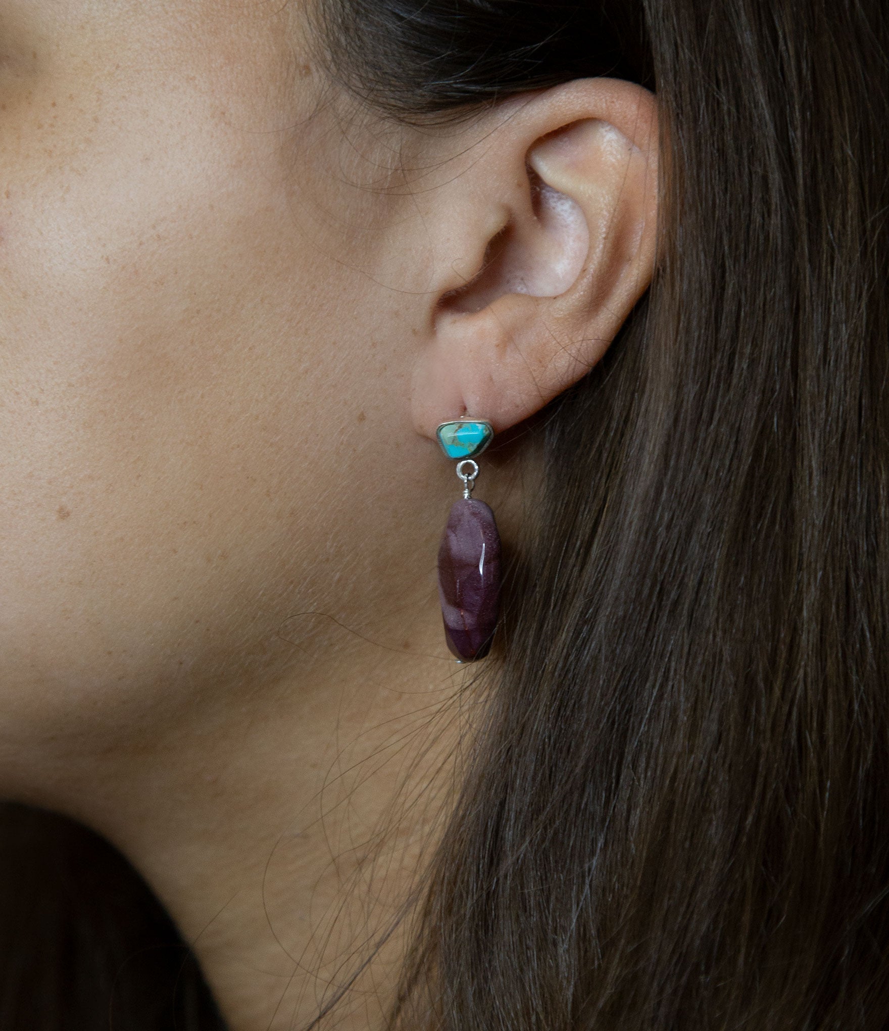 Blue Turquoise and Brown Mookaite Drop Earrings