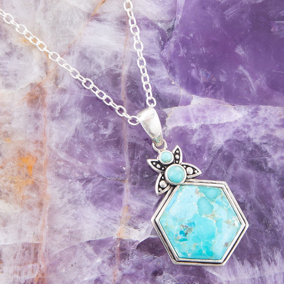 Blue Turquoise and Sterling Silver Hexagon Pendant Necklace