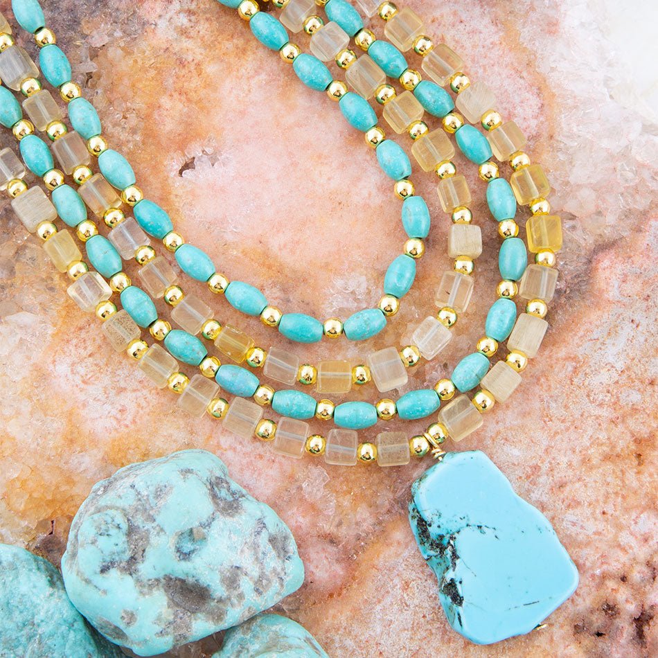 Blue Turquoise and Yellow Citrine Multi-Layer Golden Necklace