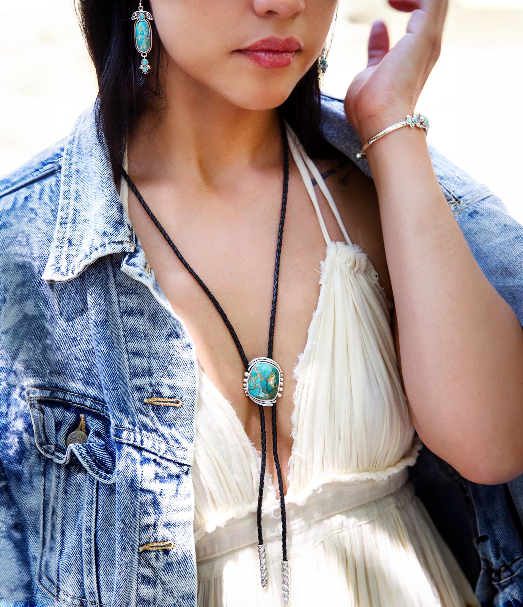 Blue Turquoise Matrix Sterling Silver Bolo Tie Necklace