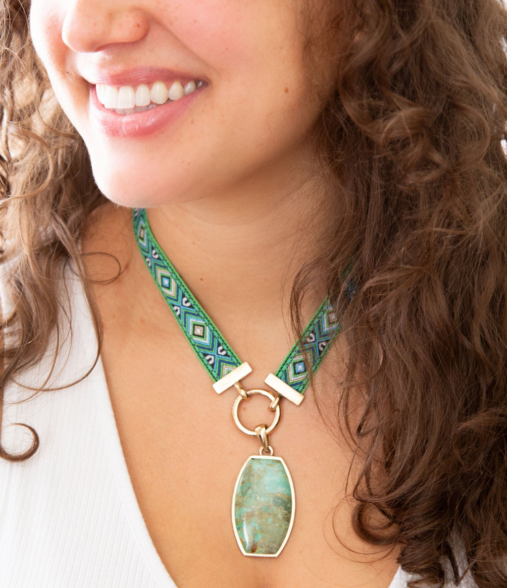 Blue Turquoise Textile Blue and Green Ribbon Necklace