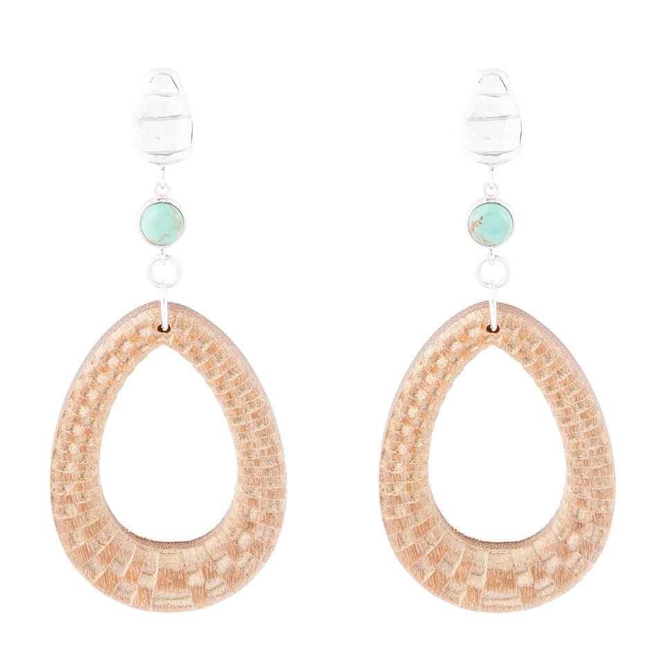 Blue Turquoise Top Carved Wood Sterling Silver Earrings