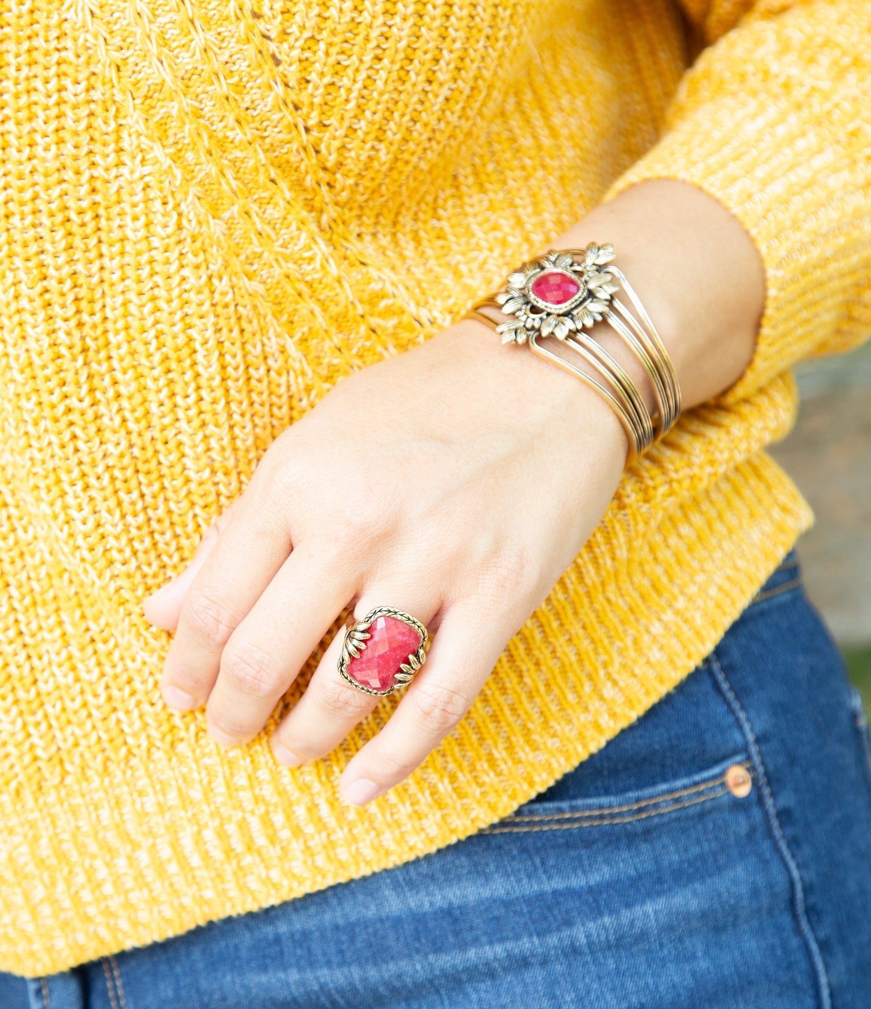 Bordeaux Quartz and Bronze Ornate Cuff Bracelet