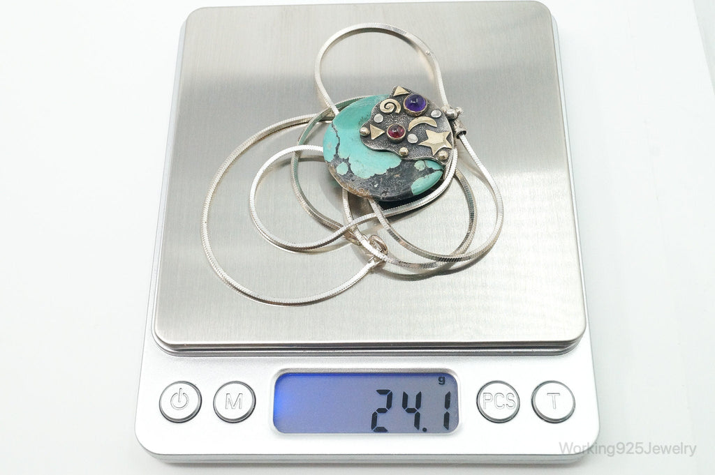 Vintage Brass Amethyst Rhodolite Garnet Turquoise Sterling Silver Necklace