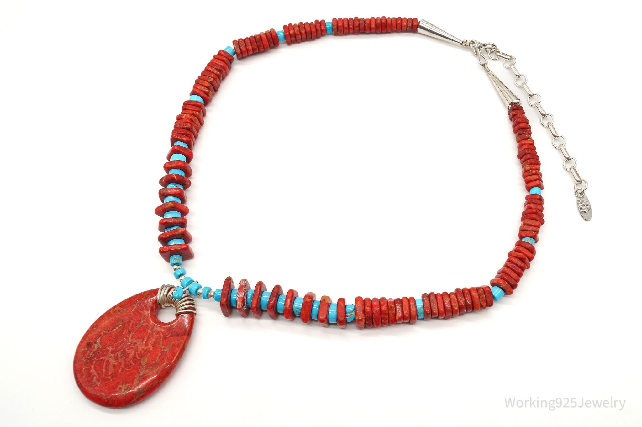 Vintage Native American Running Bear Coral Turquoise Bead SS Necklace