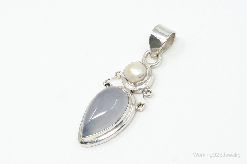 Large Designer Supreme Jewelers Blue Chalcedony Pearl Sterling Necklace Pendant