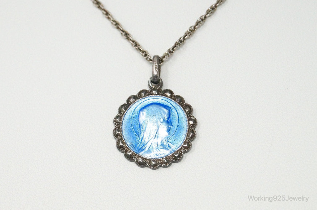 Vintage French Mother Mary Jesus Blue Enamel Sterling Silver Necklace