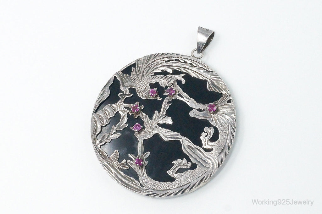 Vintage Large Ruby Black Onyx Etched Birds In Nature Sterling Silver Pendant