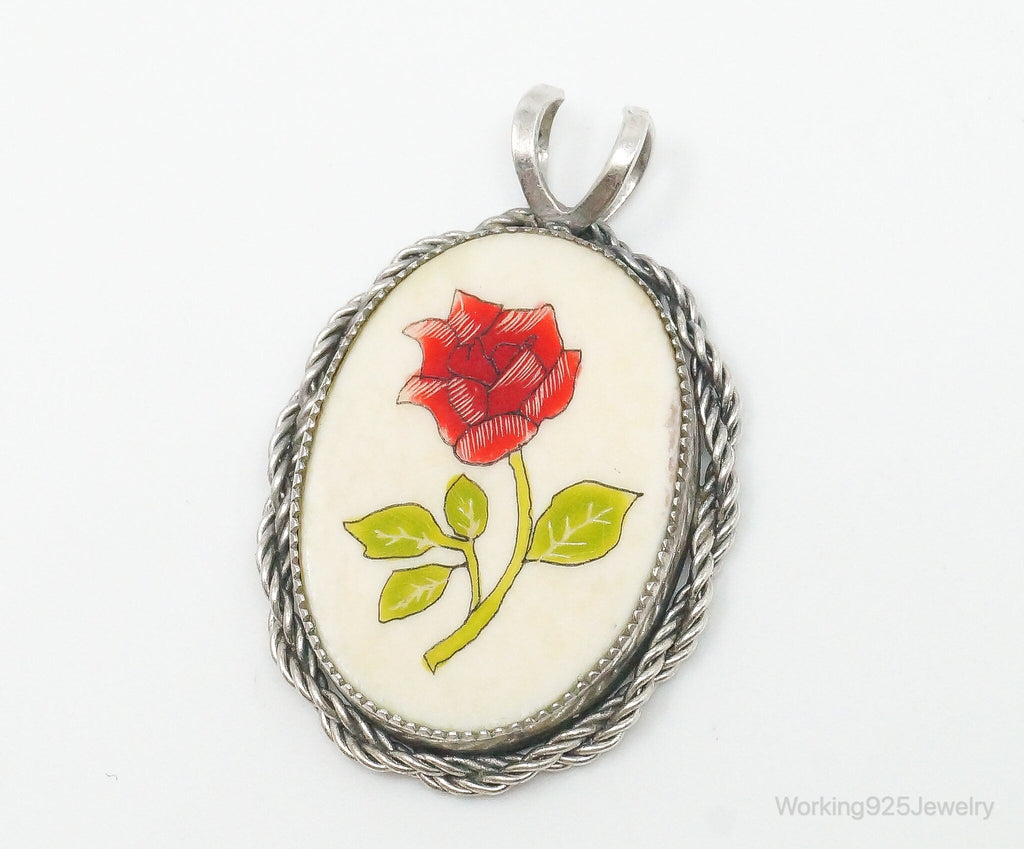 Vintage Painted Rose Bone Southwestern Sterling Silver Pendant